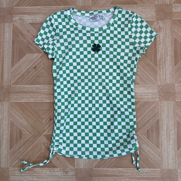 Mighty Fine Green Check St Patricks Day T-Shirt Womens XS Adjustable Tie Ruched - Picture 6 of 8